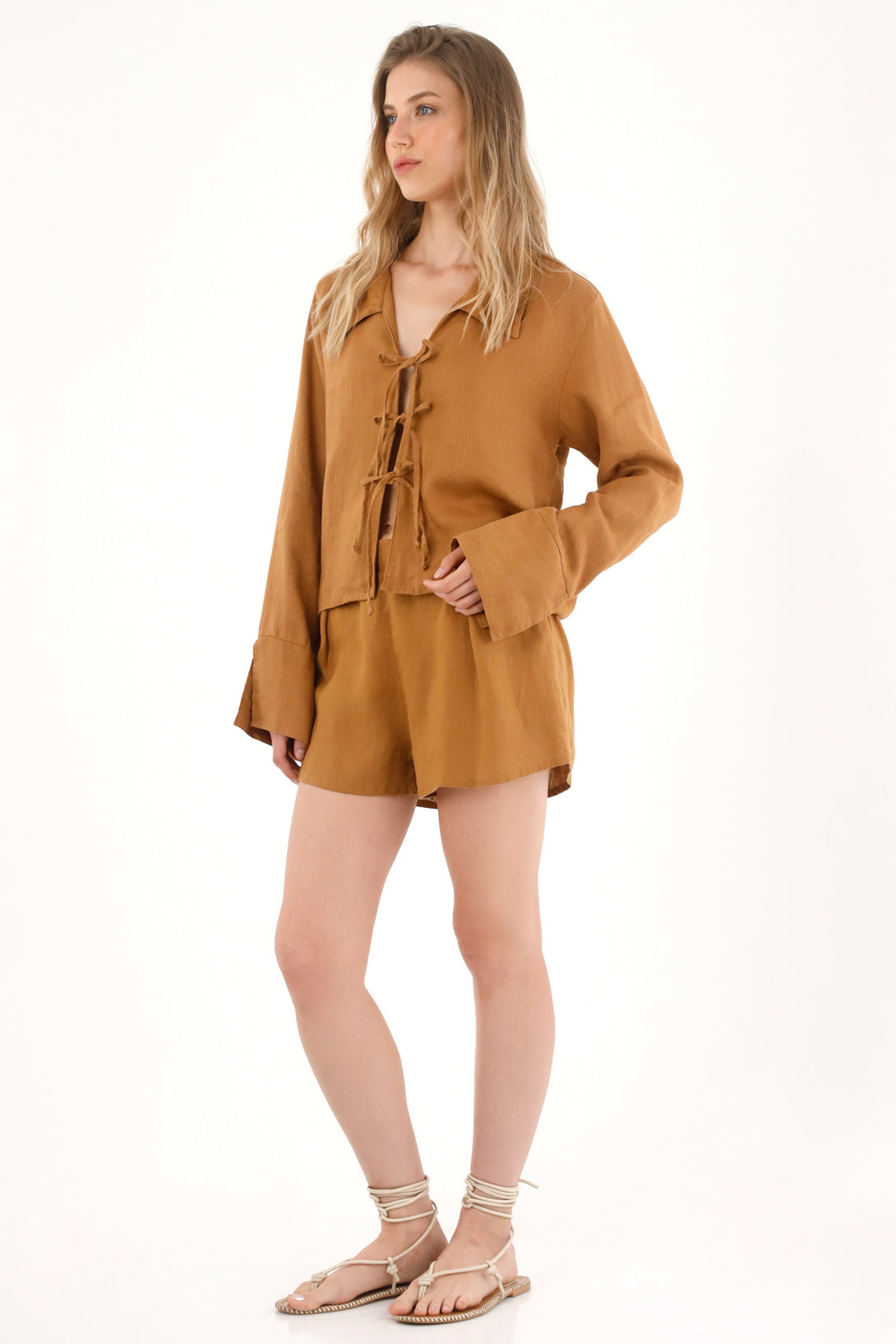 Women's 100% Linen Brown Tie-Front Shirt