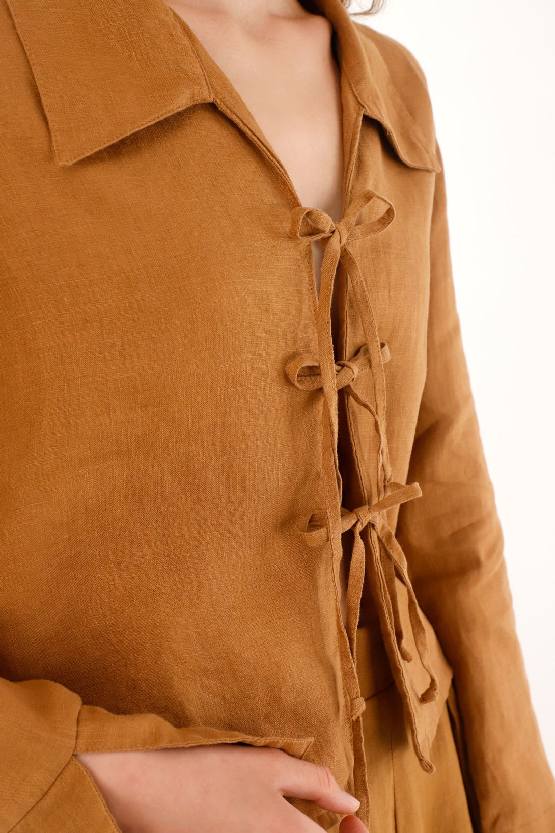 Women's 100% Linen Brown Tie-Front Shirt