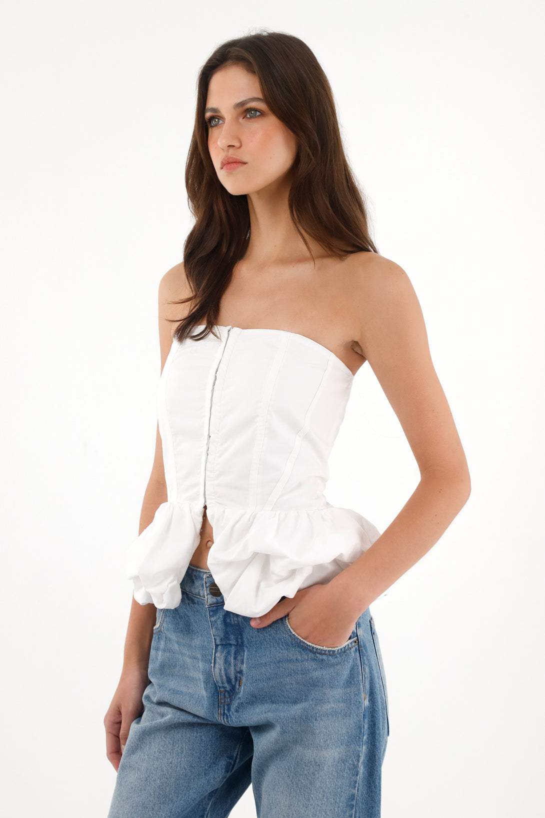Women's ivory puffed sleeve strapless blouse