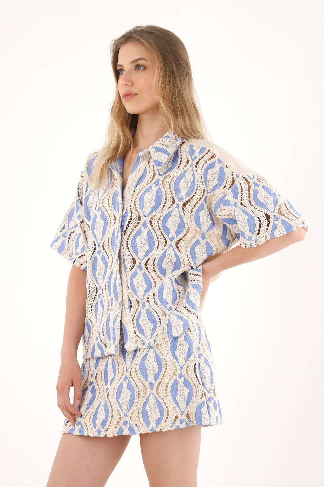 Women's Short Sleeve Woven Fish Design Shirt