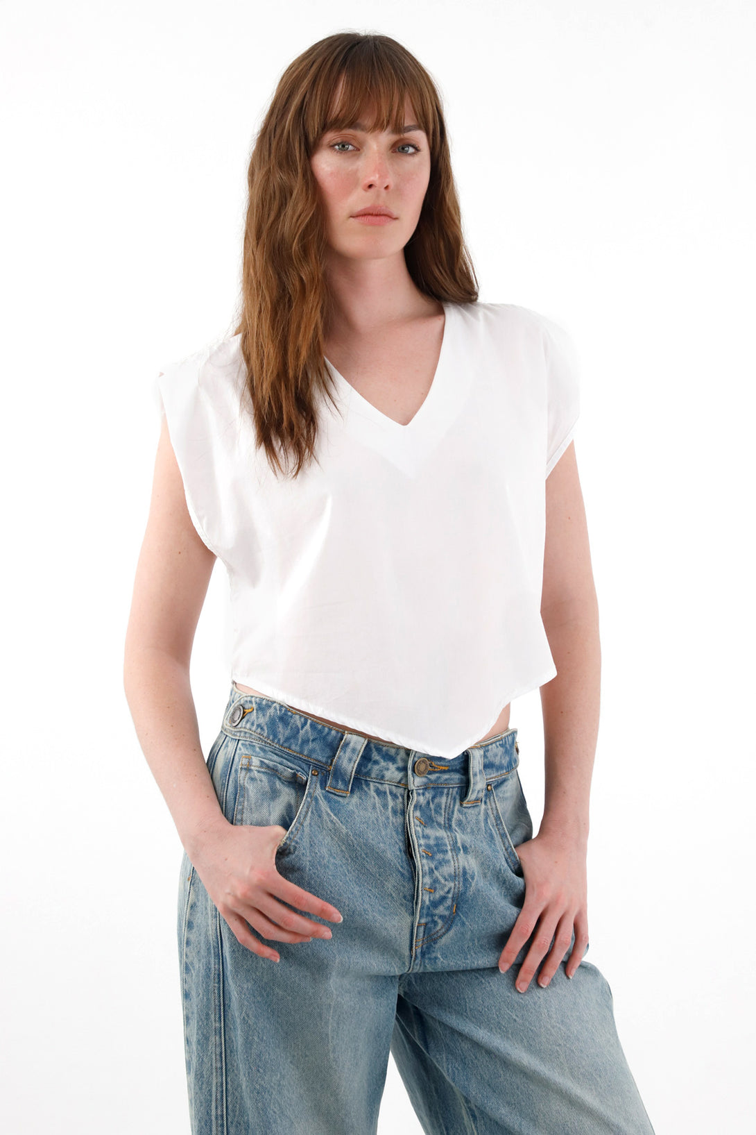 Women's White Sleeveless V-Neck Shirt