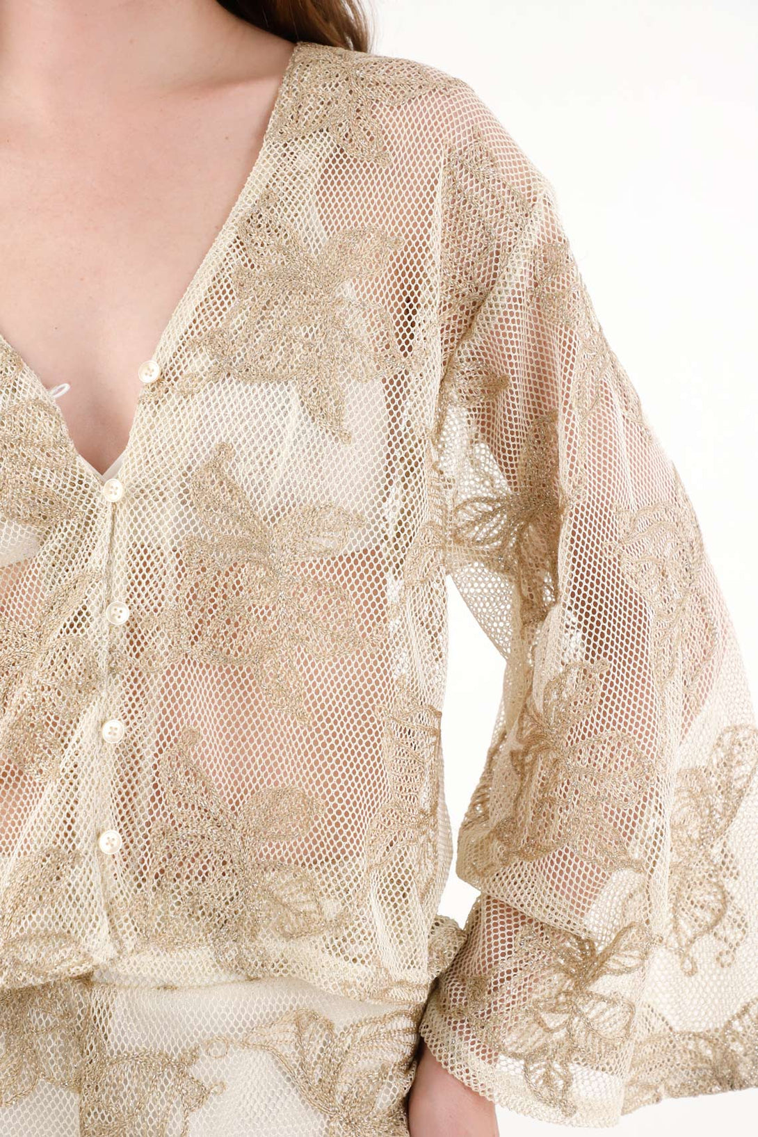 Camisa en malla bordada cruda para mujer
