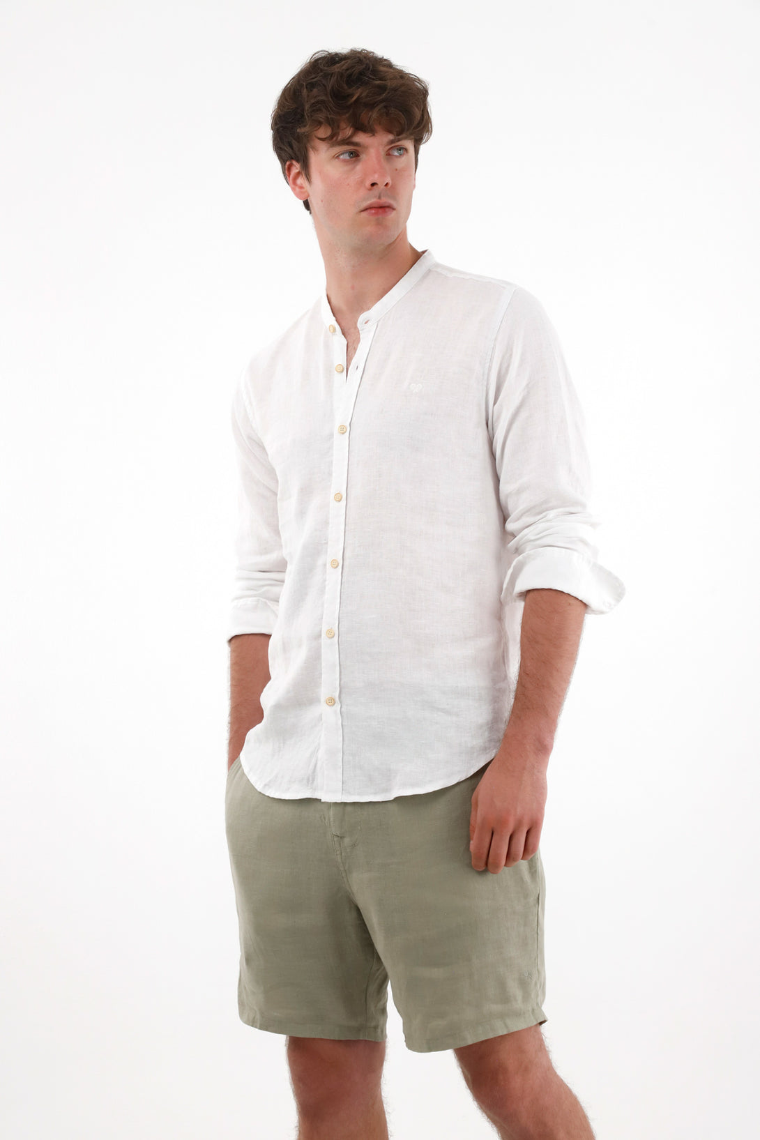 White 100% Linen Men's Nehru Collar Shirt