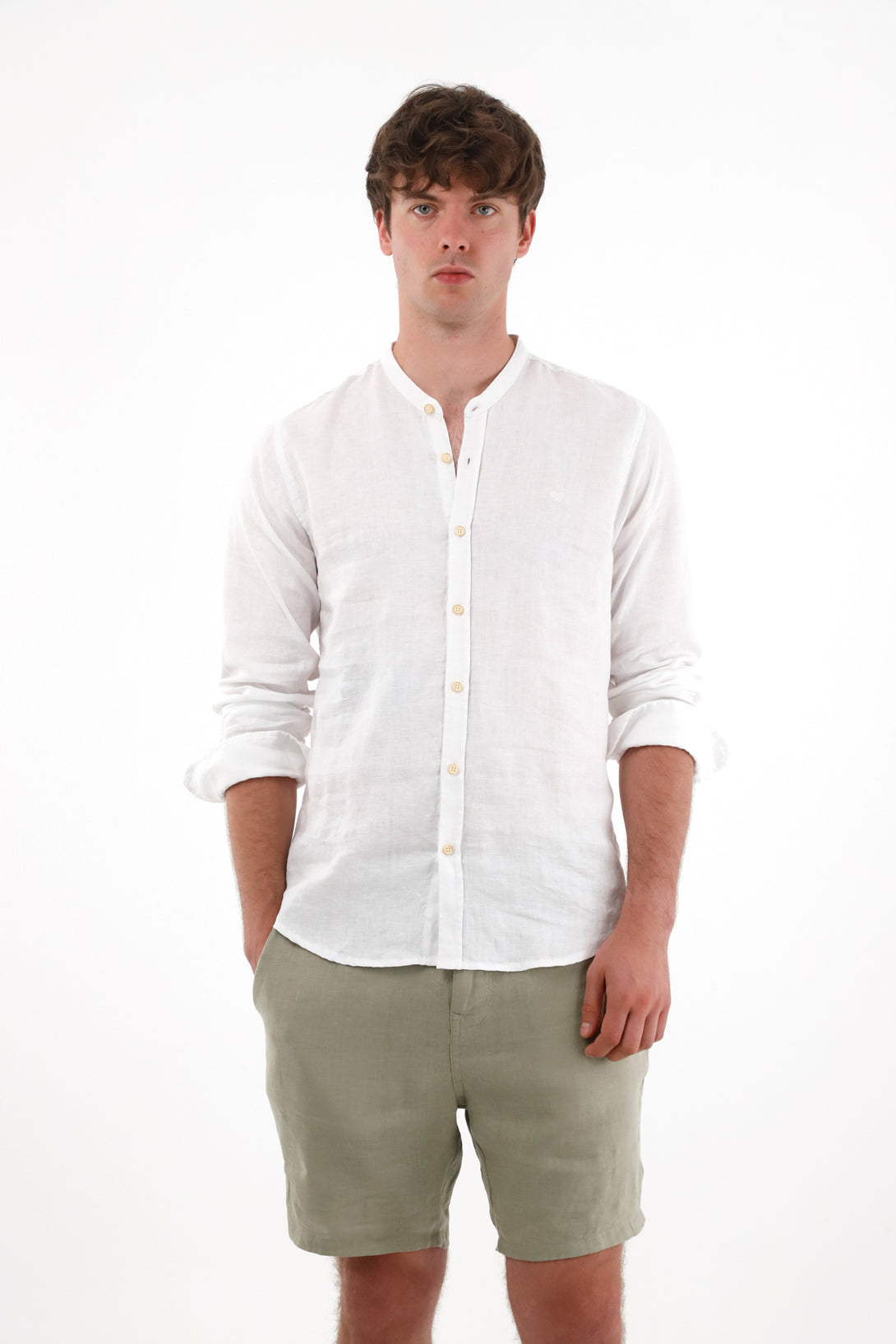 White 100% Linen Men's Nehru Collar Shirt