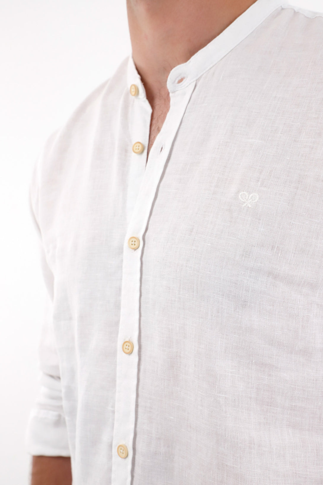 White 100% Linen Men's Nehru Collar Shirt