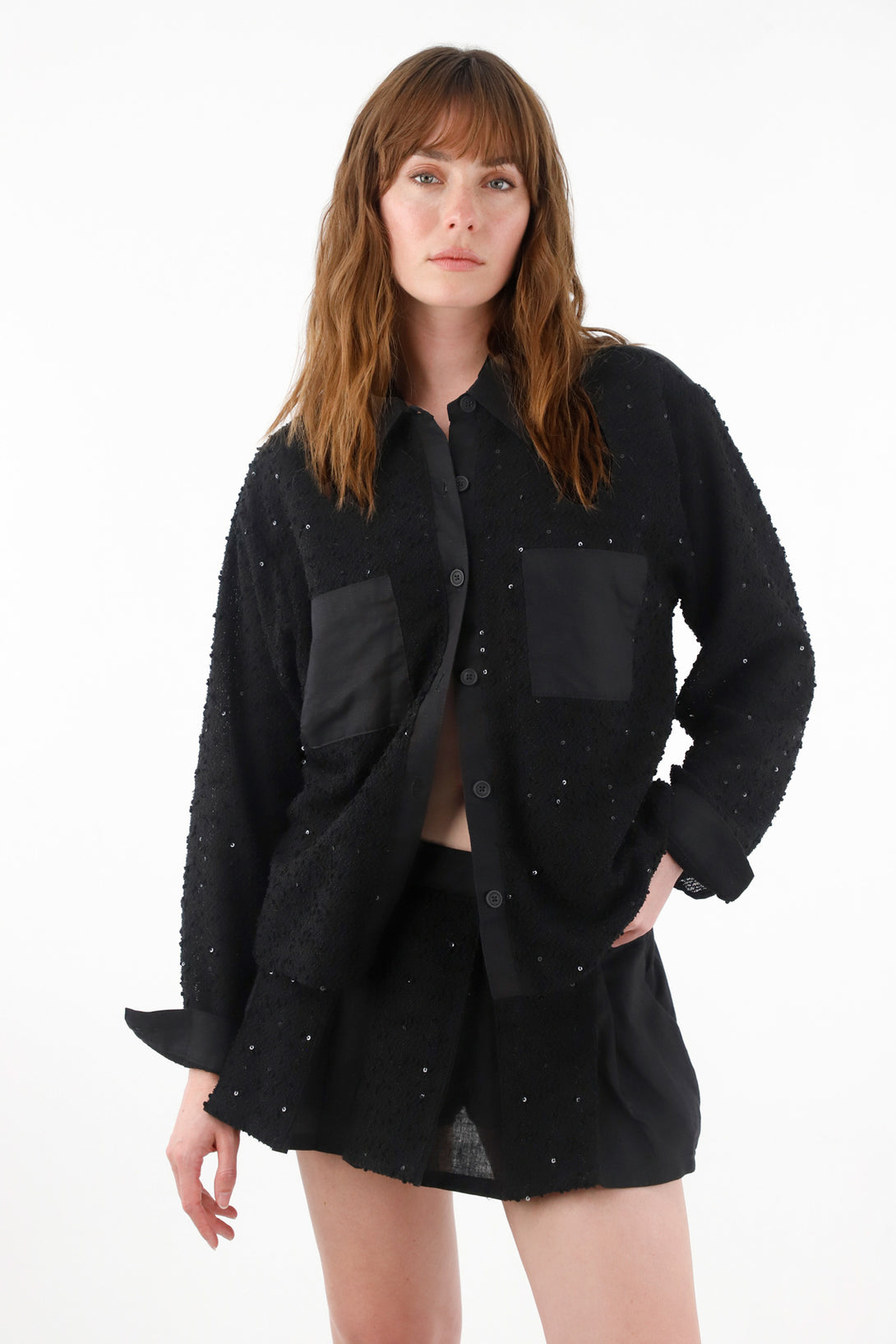 Women's Black Sequin Detail Linen Shirt