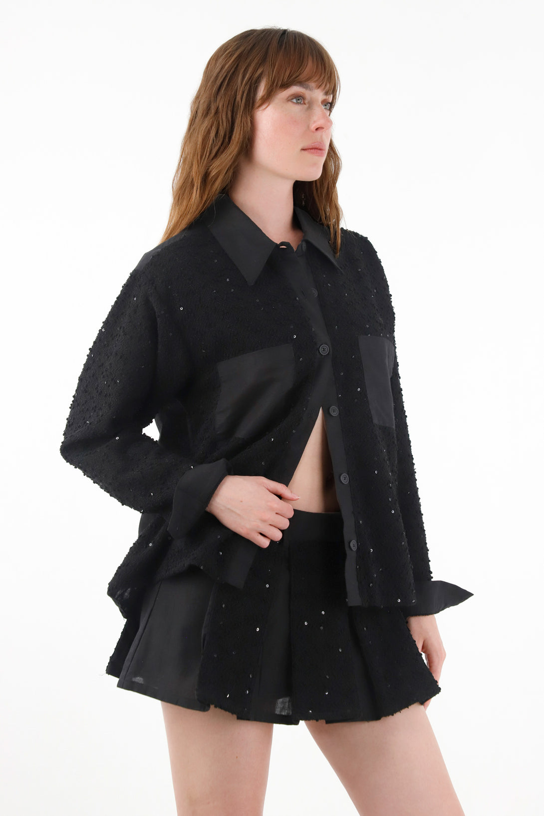 Women's Black Sequin Detail Linen Shirt