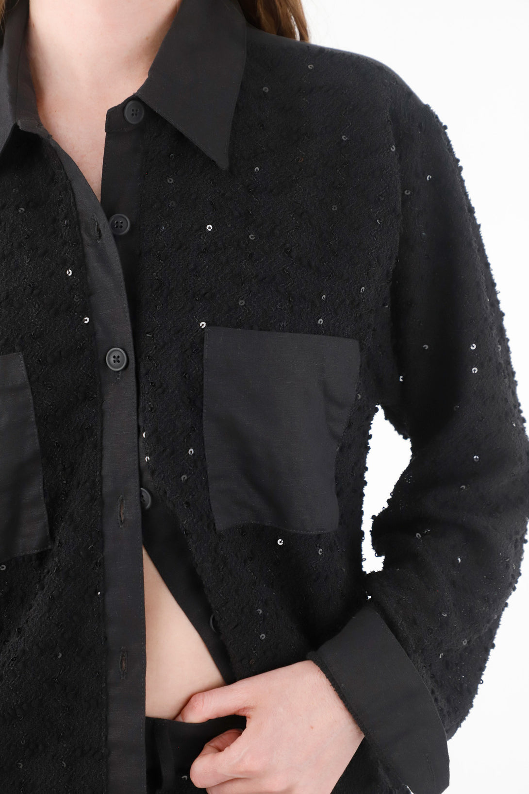 Women's Black Sequin Detail Linen Shirt