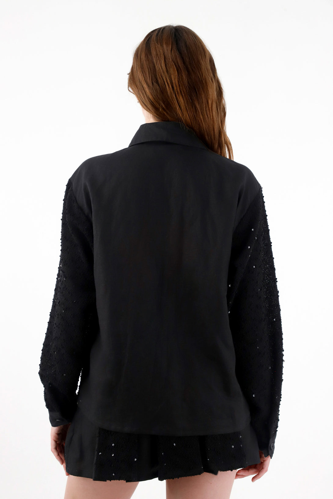 Women's Black Sequin Detail Linen Shirt