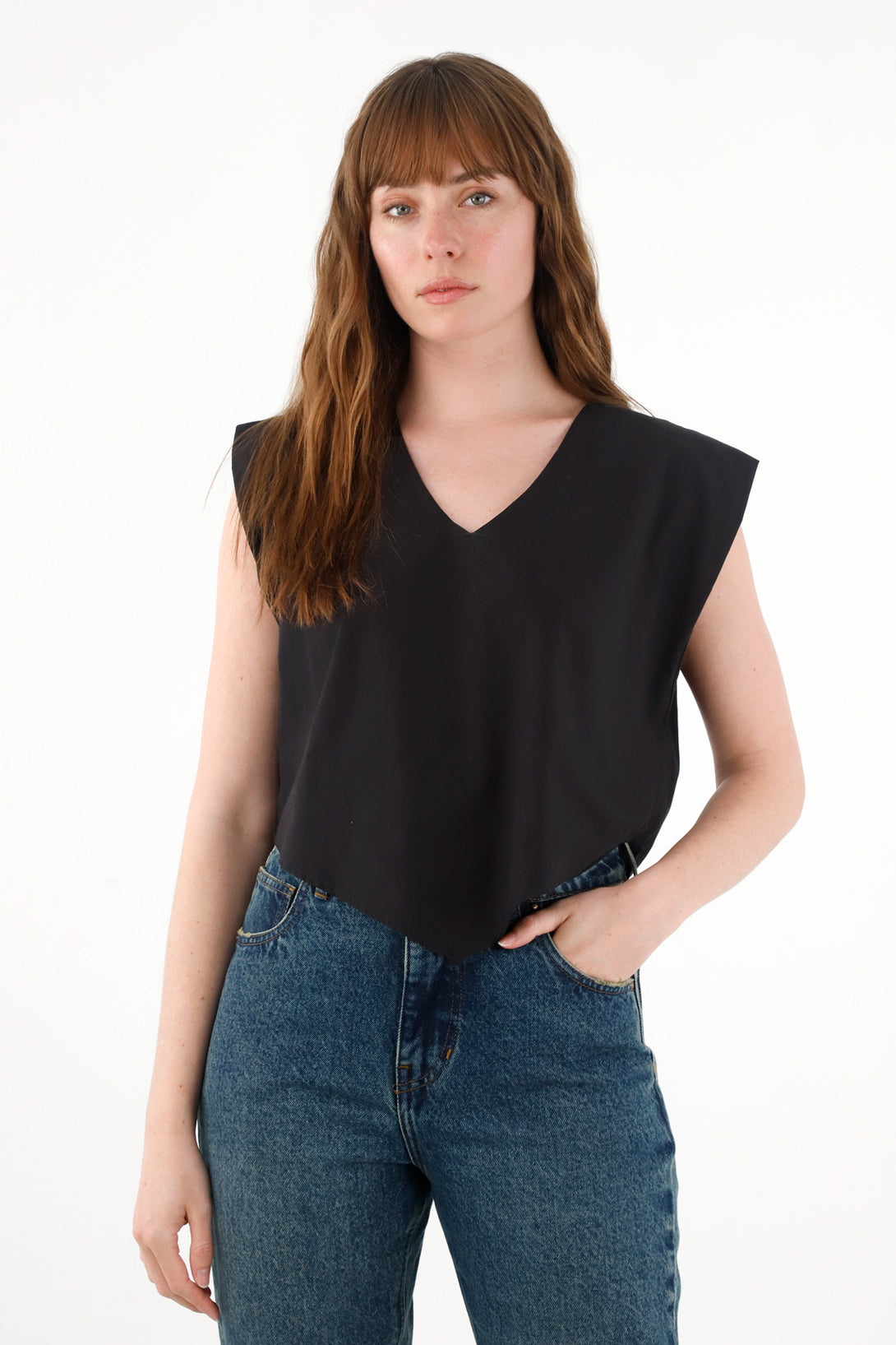 Women's Black V-Neck Sleeveless Shirt