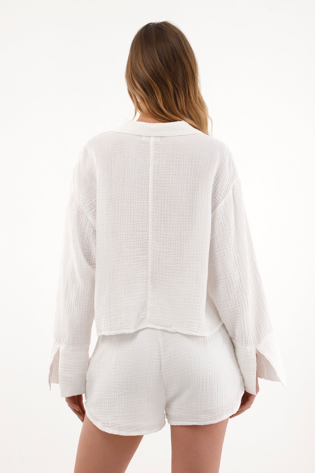 Camisa manga larga con tiras en escote crudo para mujer