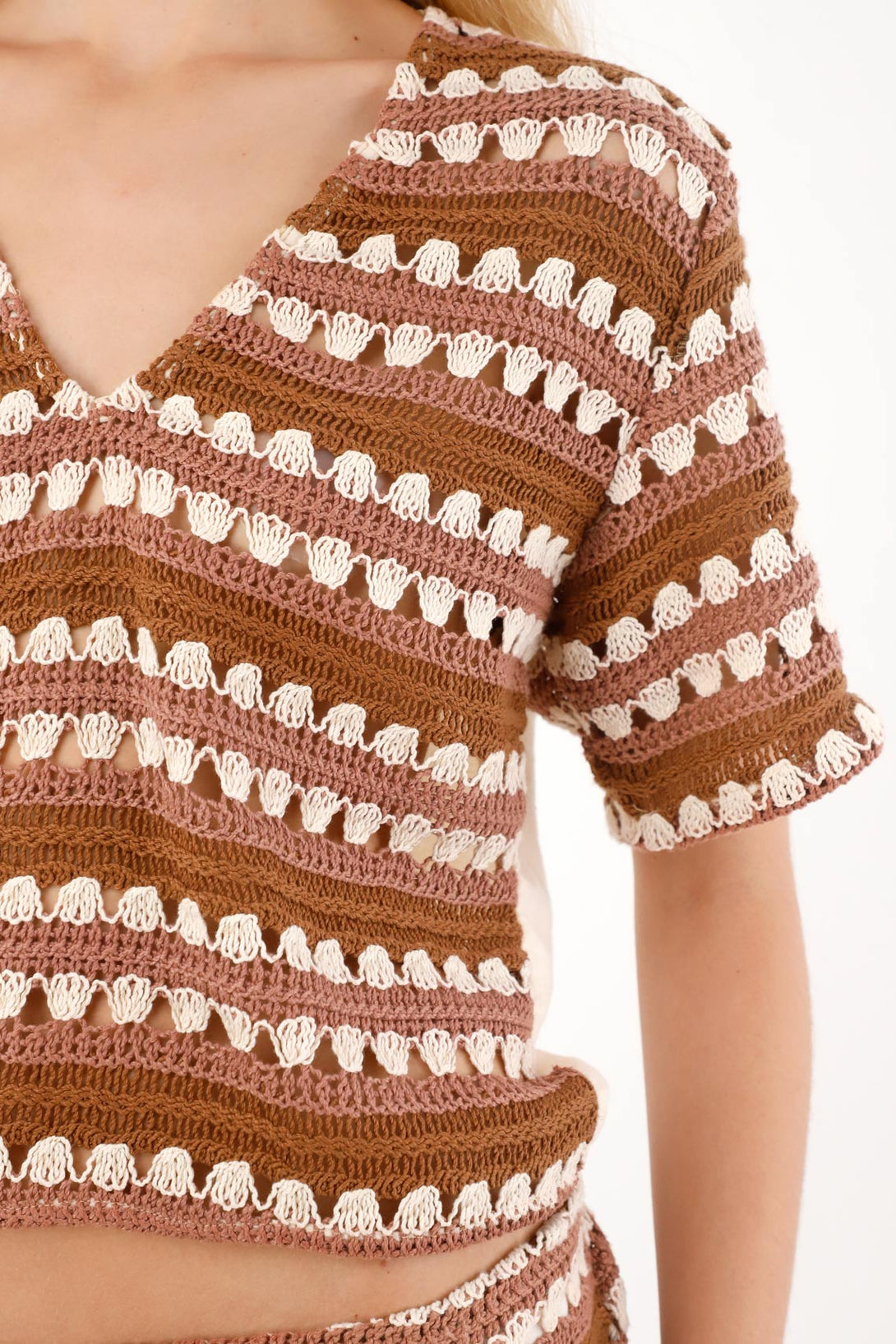 Camisa manga corta en mix de telas crudo para mujer