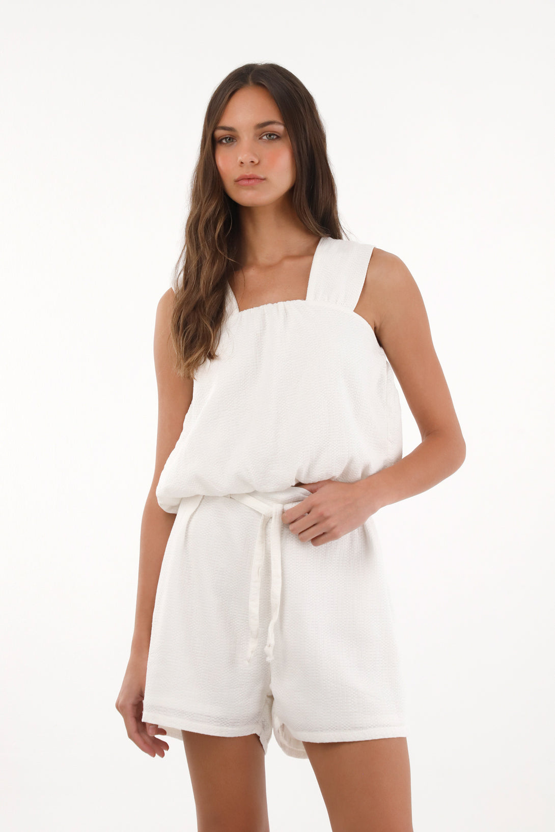Camisa crop silueta globo y tela con textura crudo para mujer
