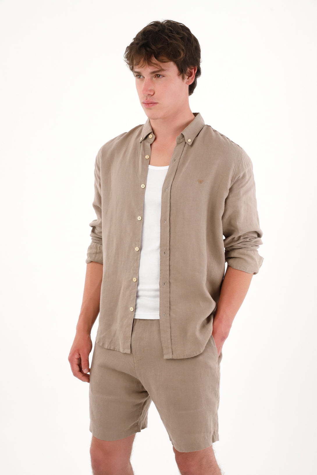 100% Linen Men's Shirt with Mini Gray Embroidery
