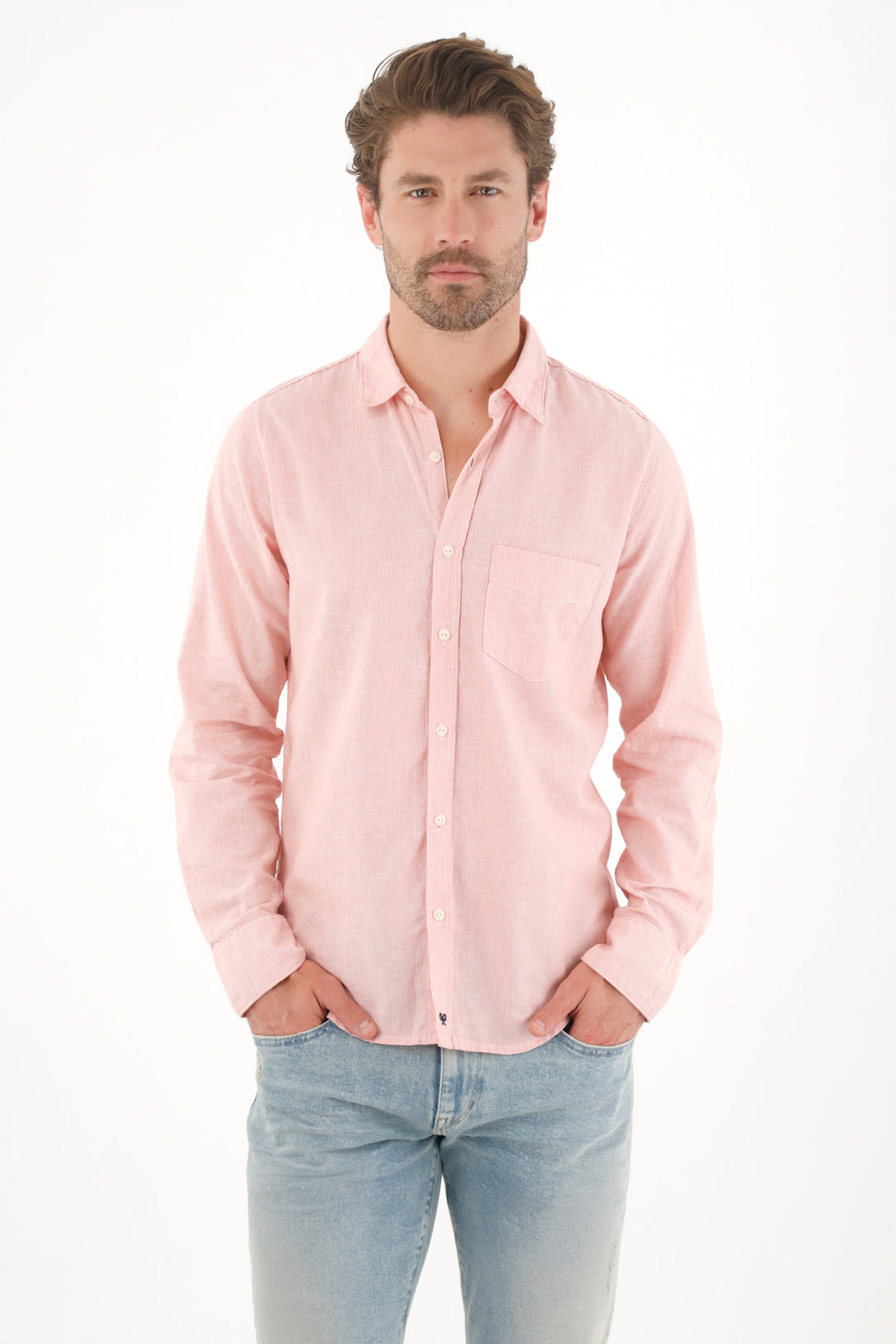 Camisa manga larga preteñida rosada para hombre