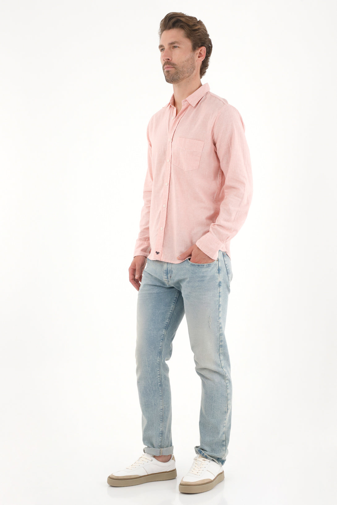 Camisa manga larga preteñida rosada para hombre