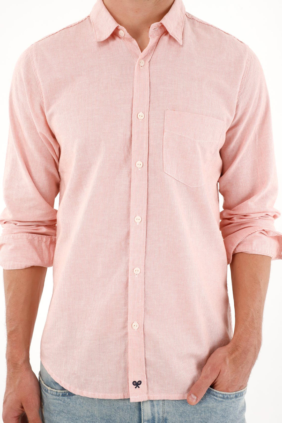 Camisa manga larga preteñida rosada para hombre