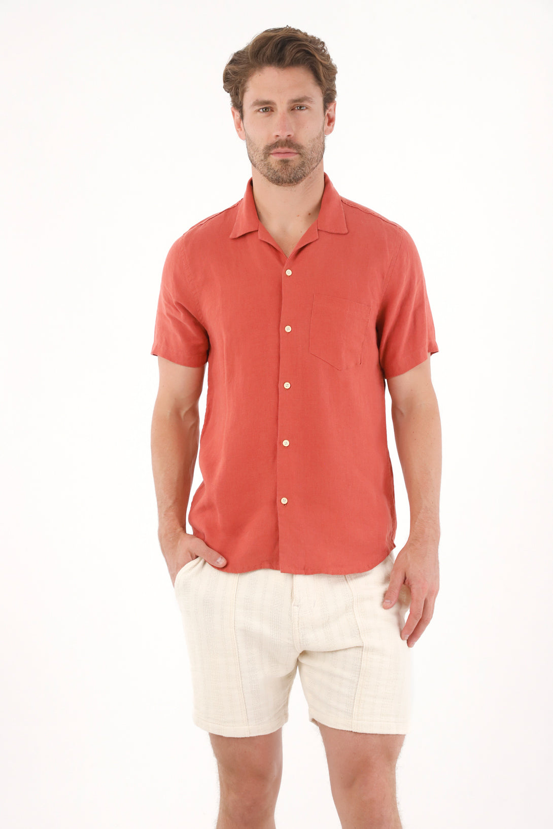 Men's Orange 100% Linen Short Sleeve Shirt