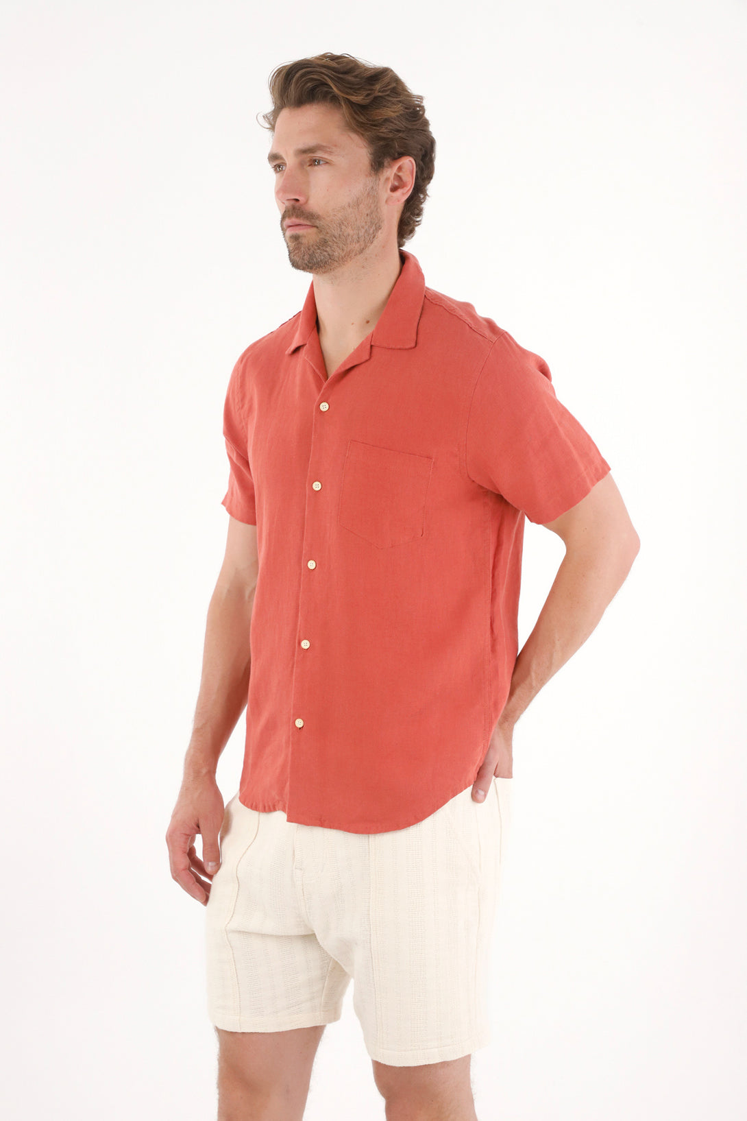 Men's Orange 100% Linen Short Sleeve Shirt