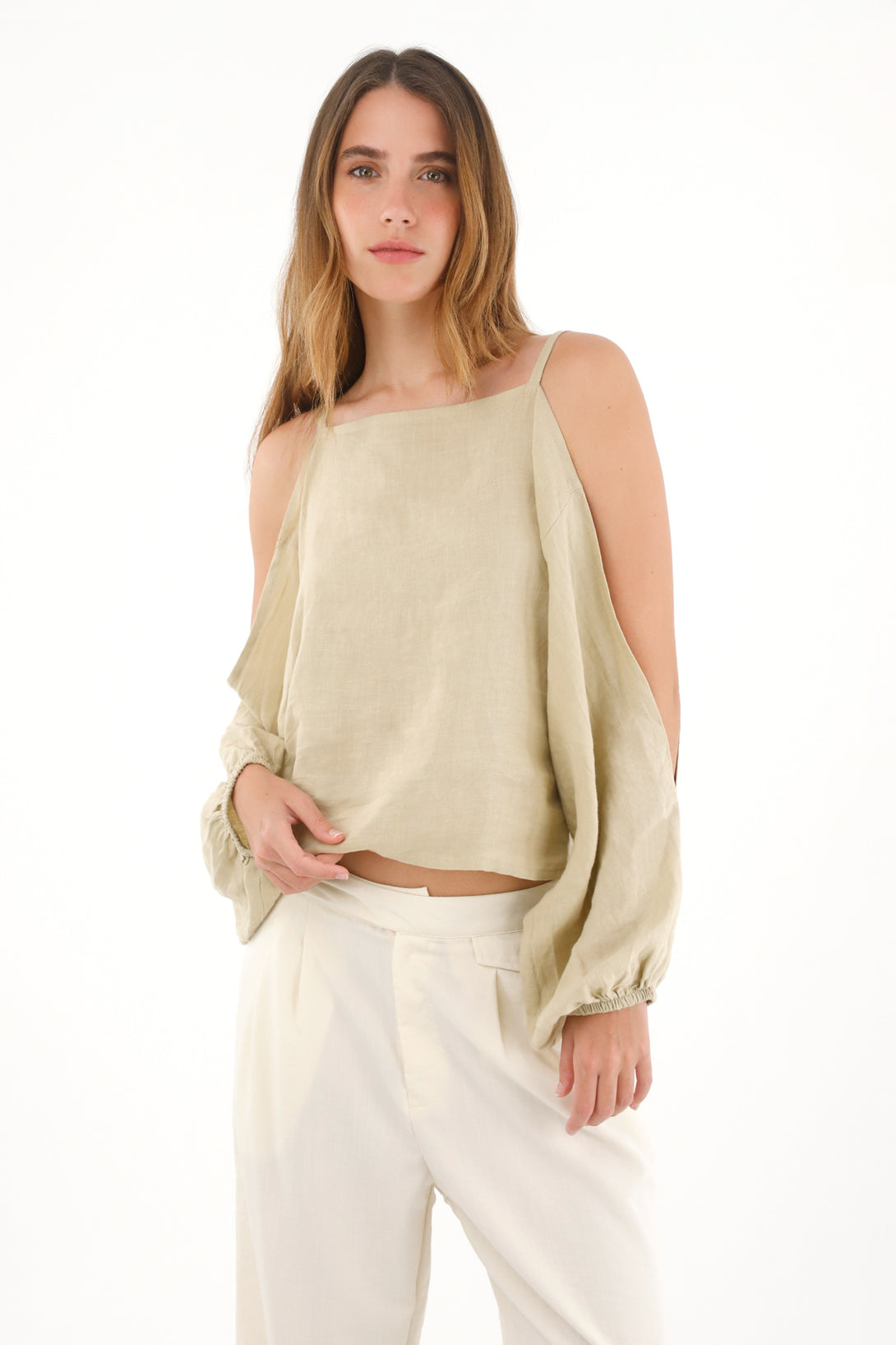 Camisa manga larga en 100% lino café para mujer