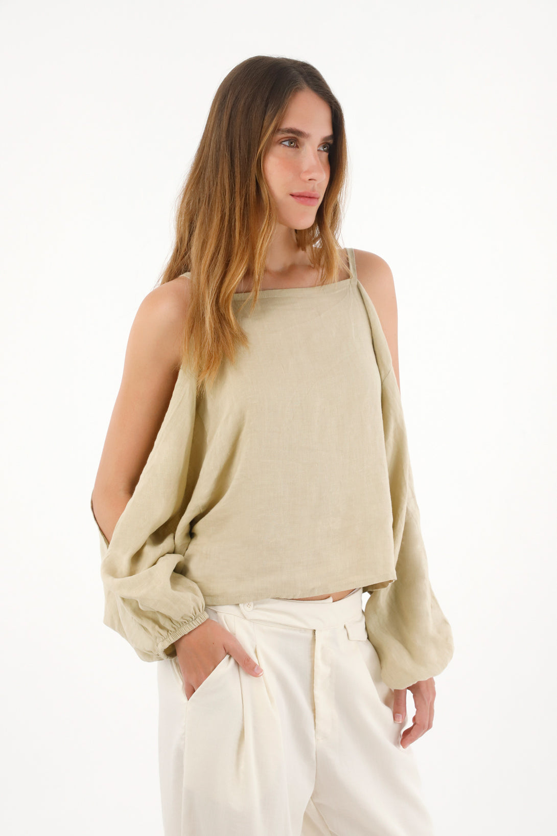 Camisa manga larga en 100% lino café para mujer