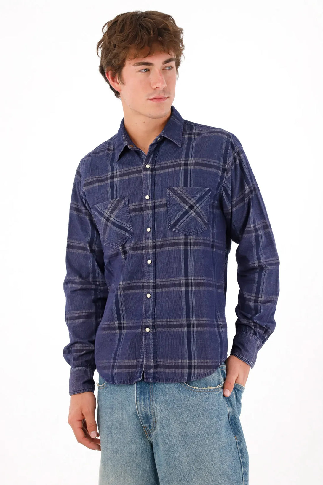Men's Blue Flannel Shirt with Pockets