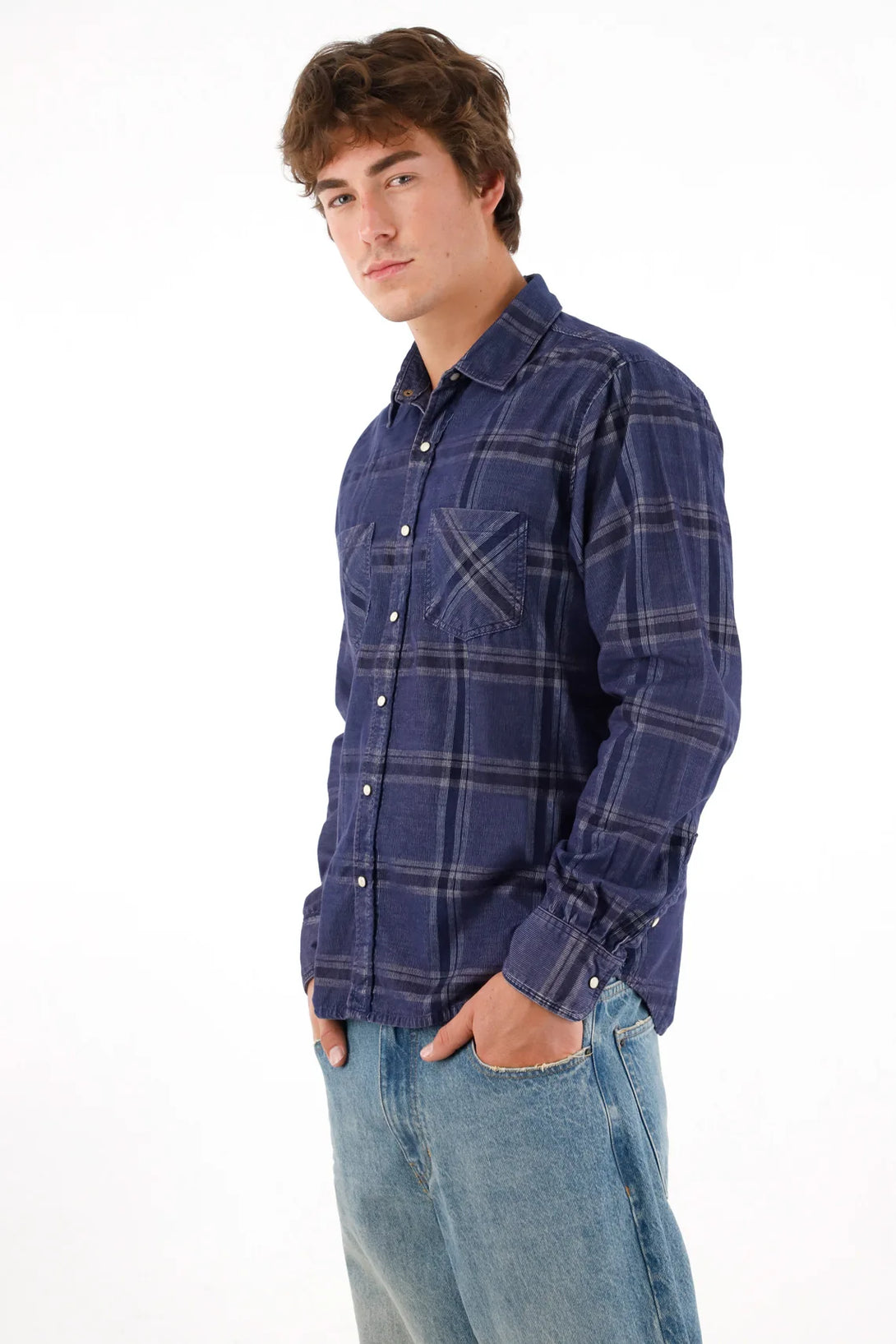 Men's Blue Flannel Shirt with Pockets