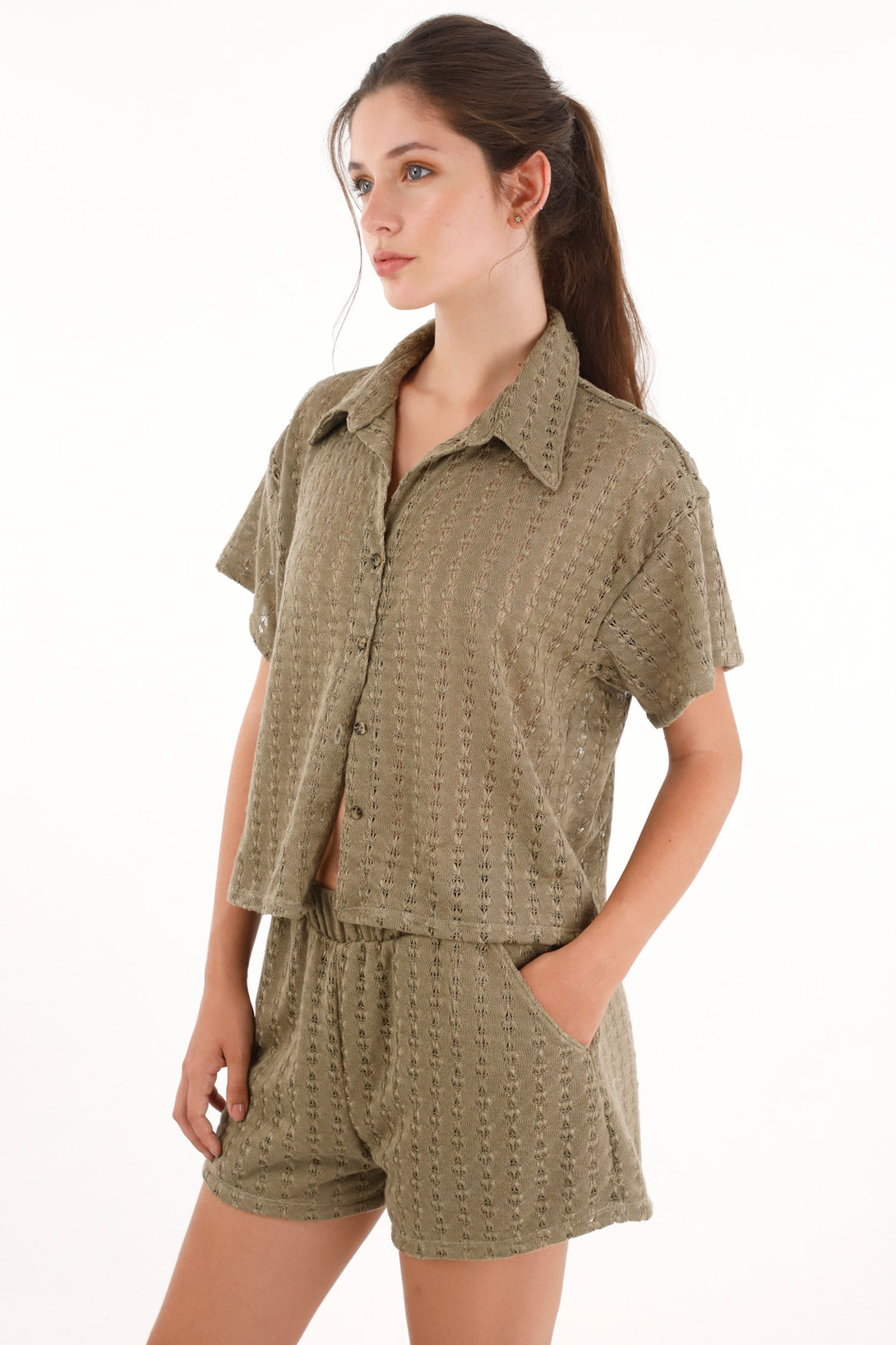 Camisa tejida manga corta verde para mujer