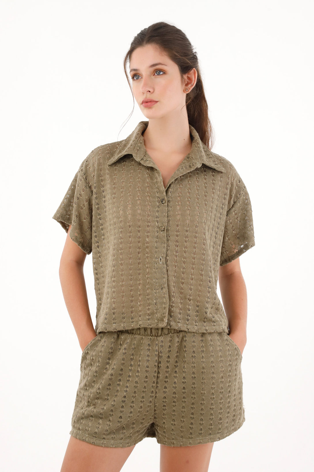 Camisa tejida manga corta verde para mujer