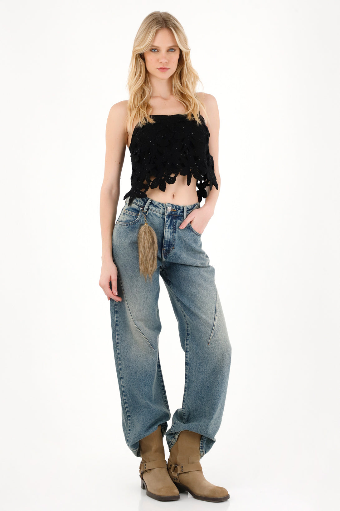 Black Floral Embroidered Crop Top for Women