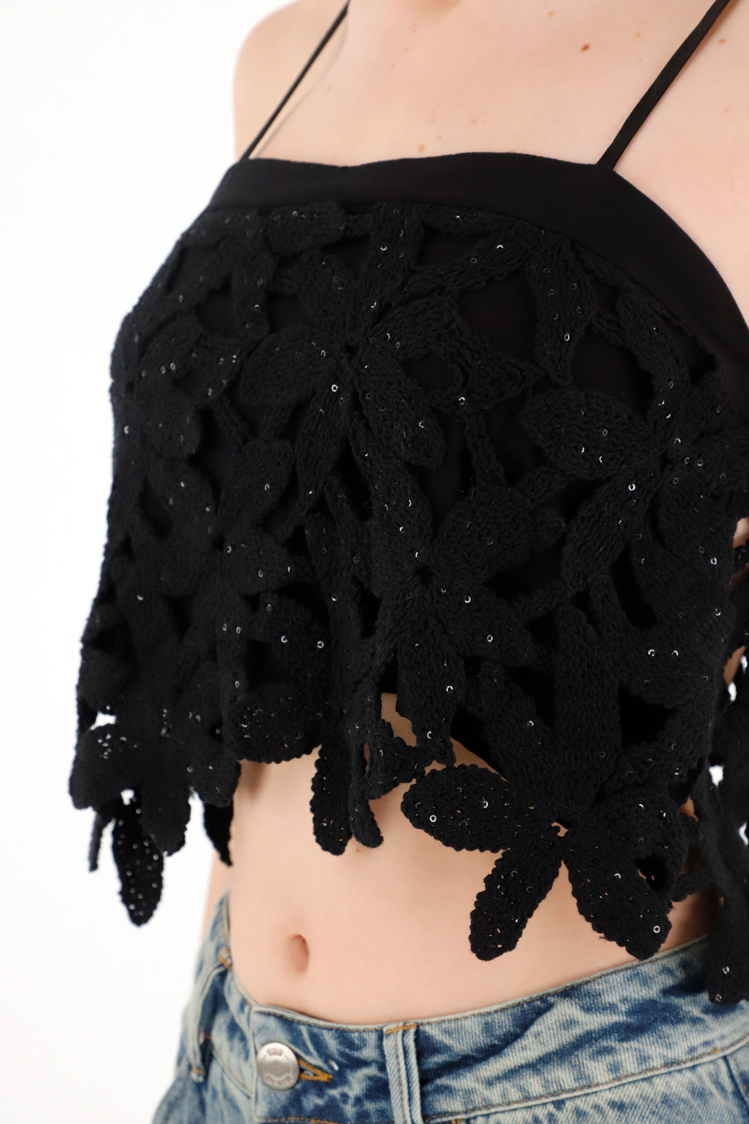 Black Floral Embroidered Crop Top for Women