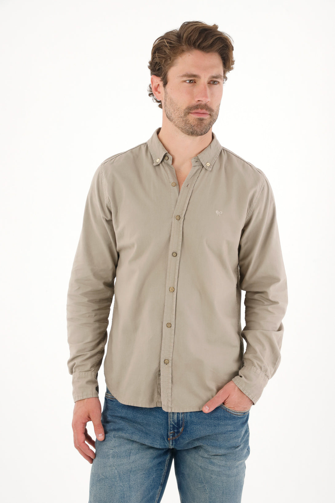Men's Long Sleeve Gray Shirt with Embroidered Racket