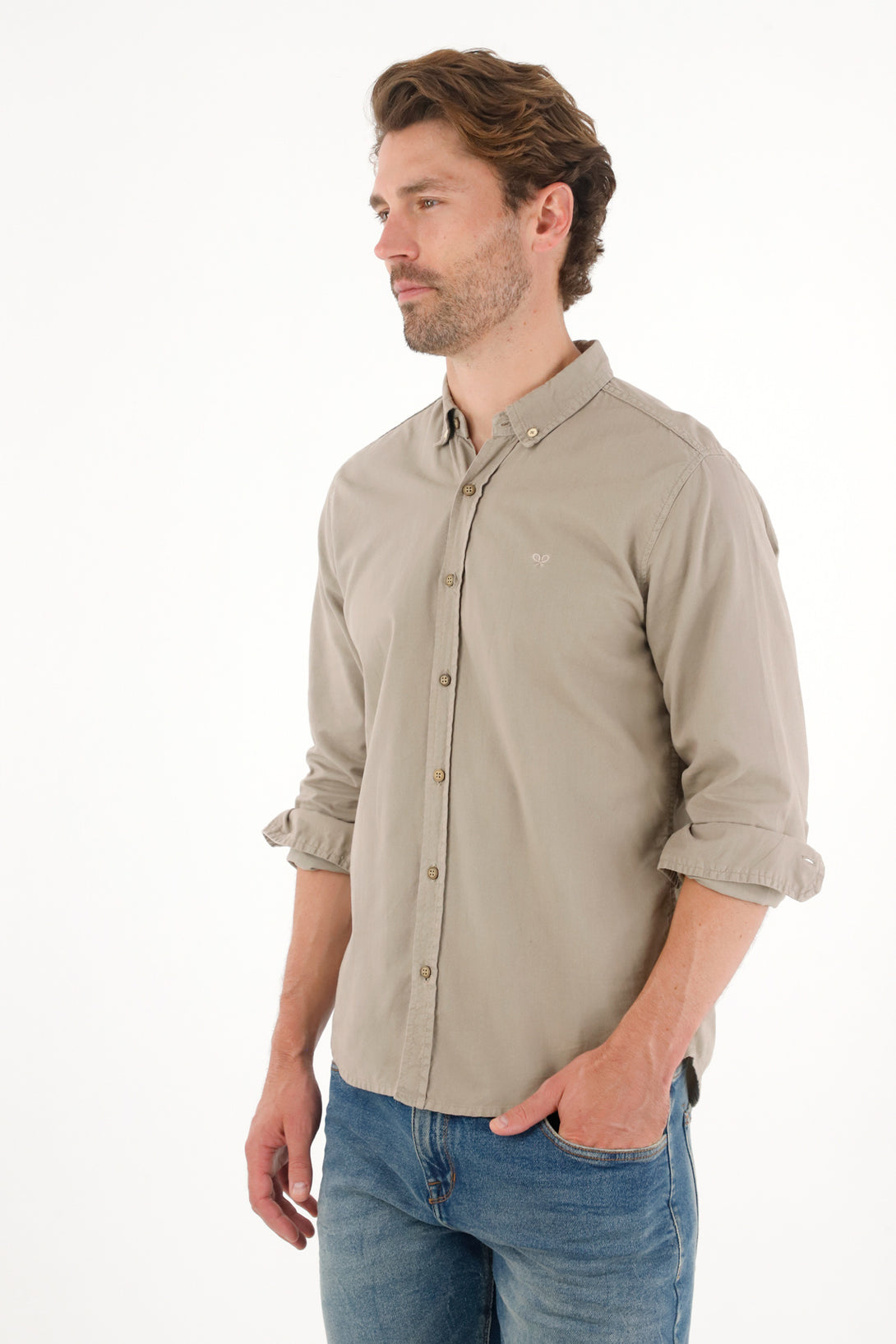Men's Long Sleeve Gray Shirt with Embroidered Racket
