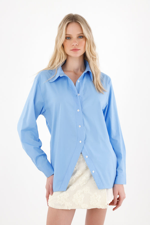 Women's Blue Long Sleeve Shirt with Button Placket Opening