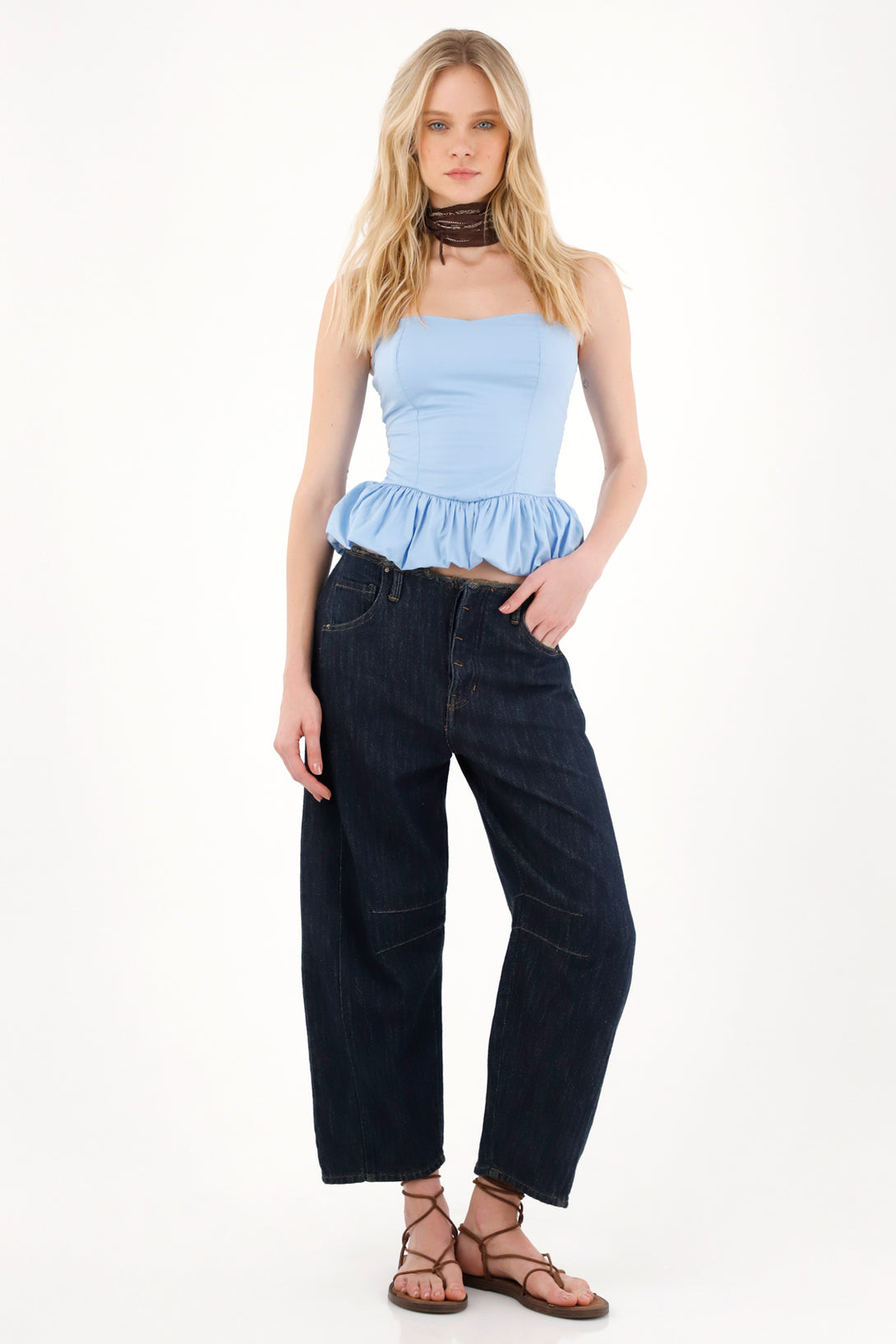 Women's Blue Strapless Balloon Hem Top
