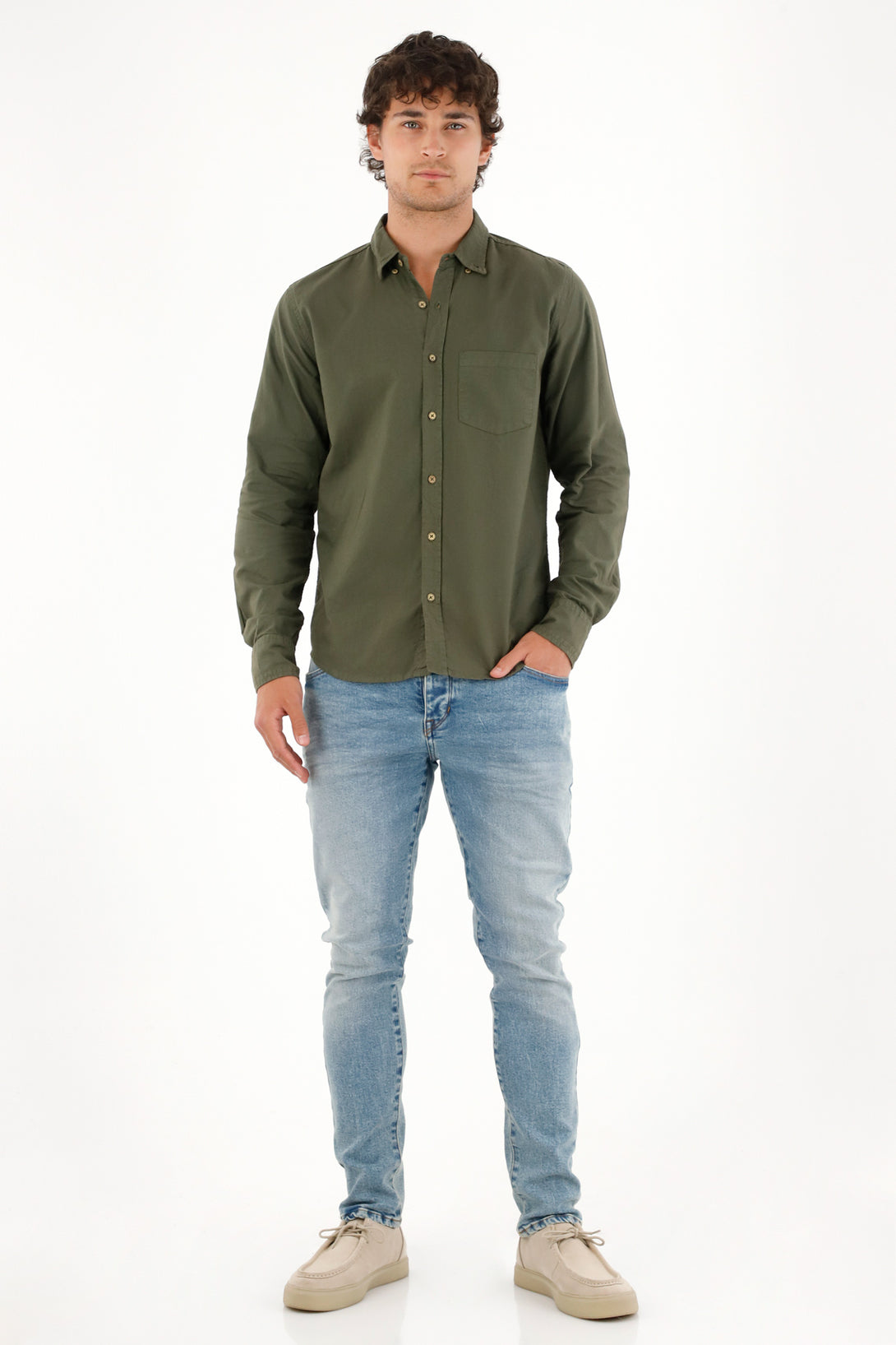 Camisa Oxford manga larga verde para hombre