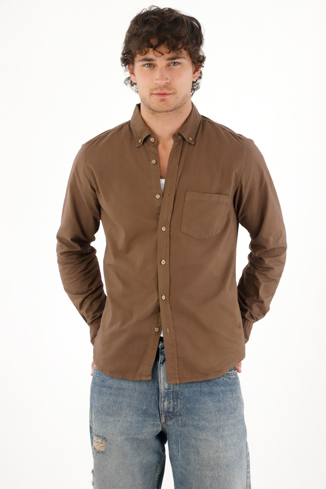 Men's Long-Sleeve Brown Oxford Shirt
