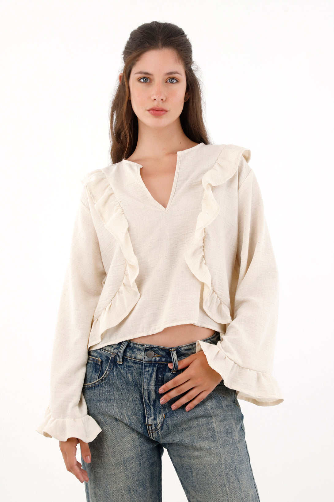 Camisa con boleros amplia crudo para mujer
