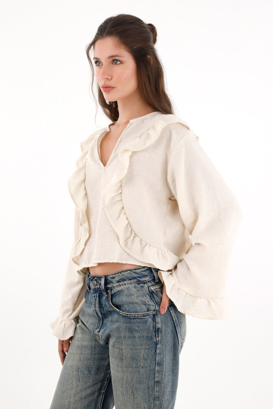 Camisa con boleros amplia crudo para mujer