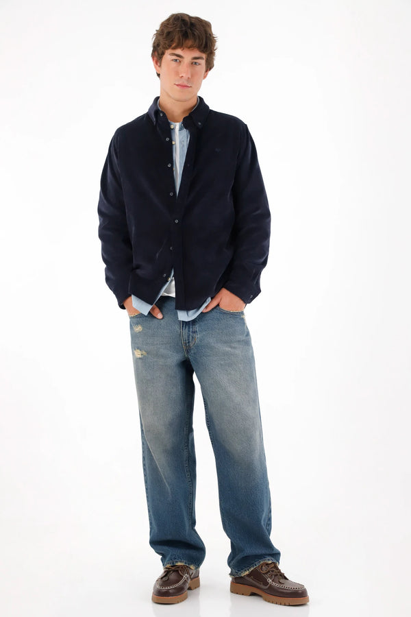 Men's 100% blue linen shirt