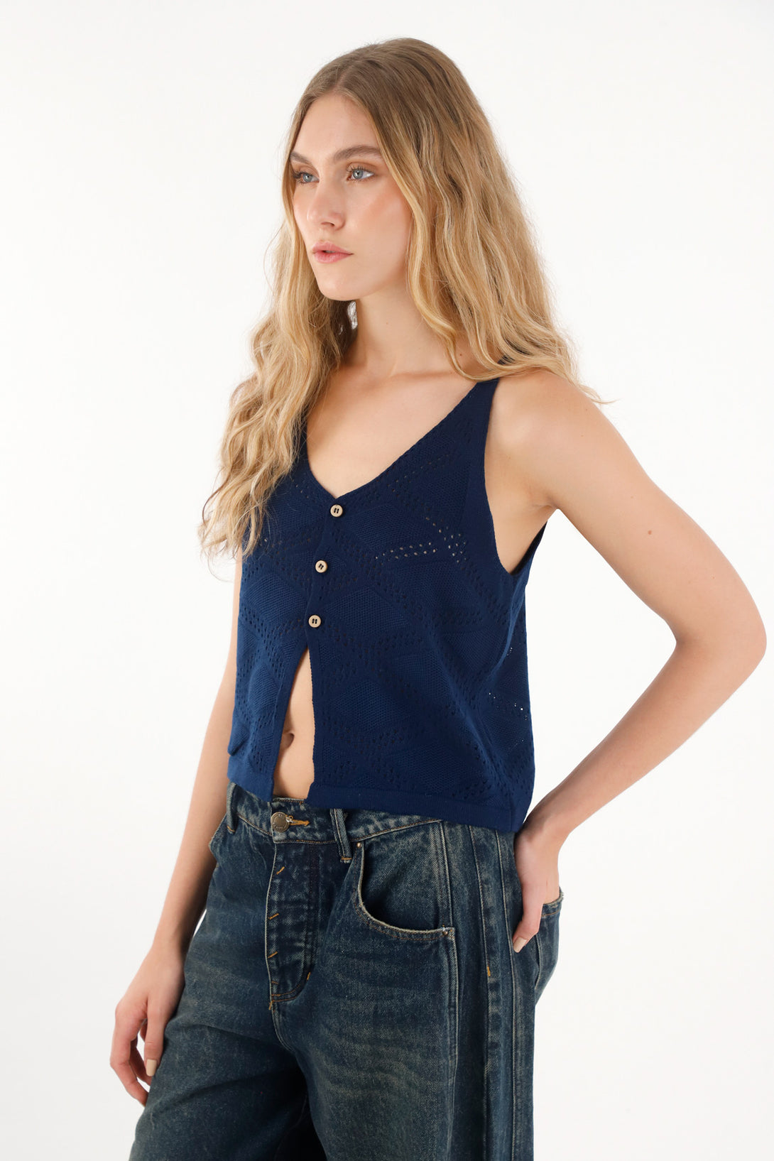 Camisa tejida con botones azul para mujer