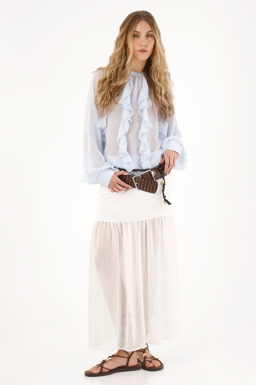 Camisa con boleros y transparencia azul para mujer