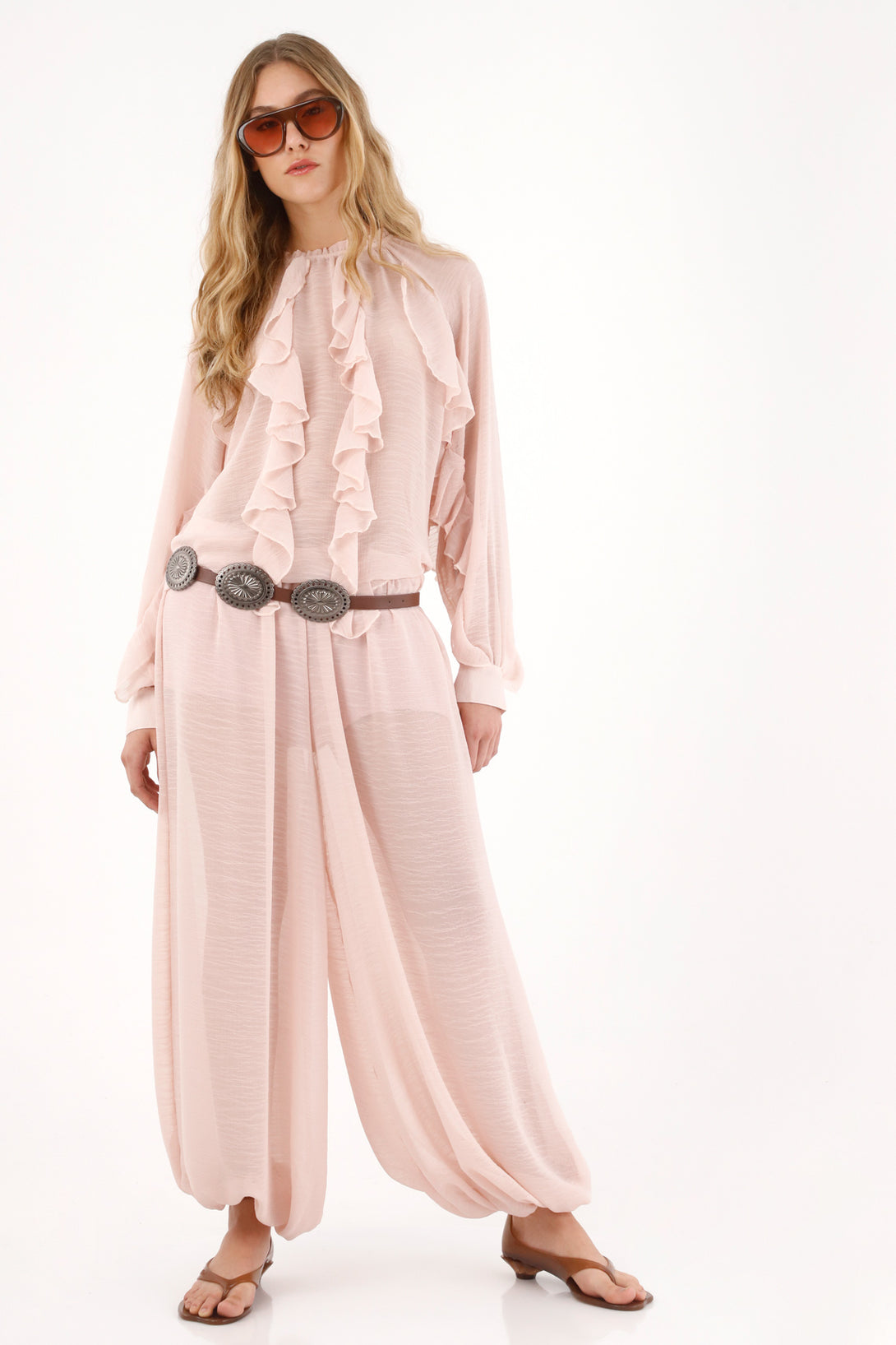 Camisa con boleros y transparencia rosada para mujer