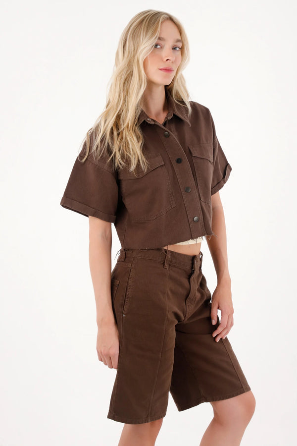 Camisa en bull denim café para mujer