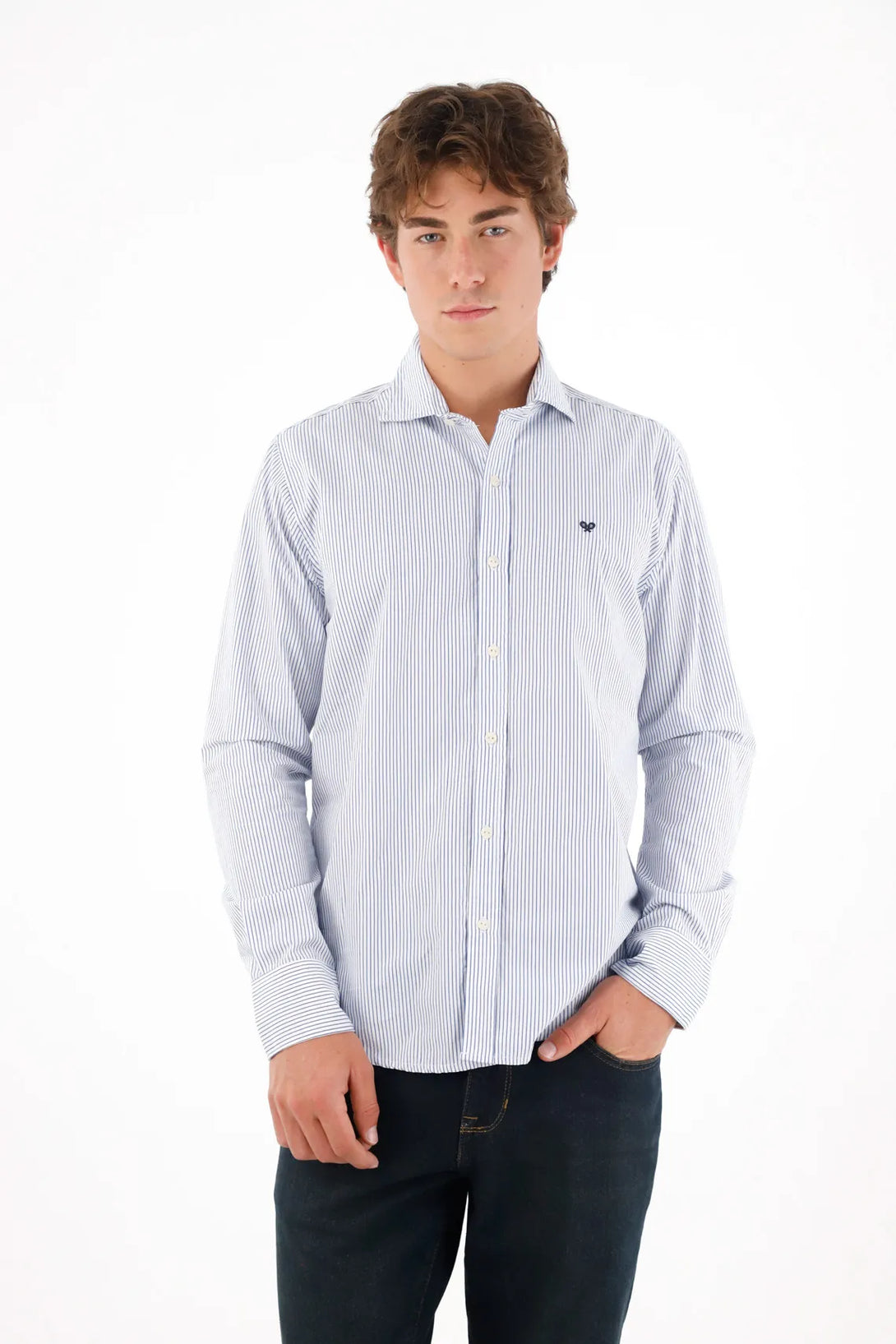 Camisa manga larga con textura azul para hombre