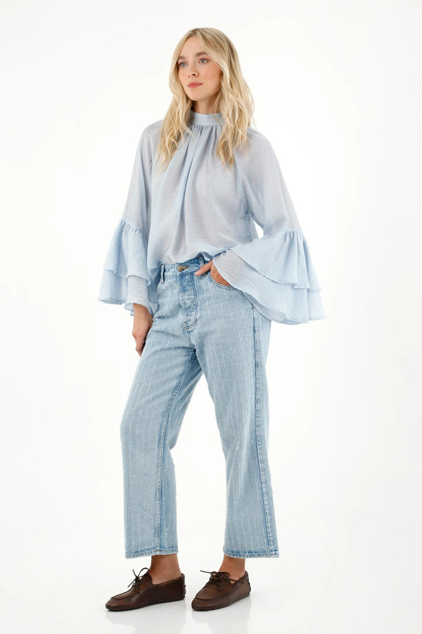 High Neck Blue Bolero Sleeve Shirt for Women
