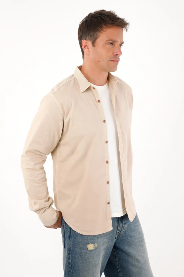 Camisa manga larga clásica café para hombre