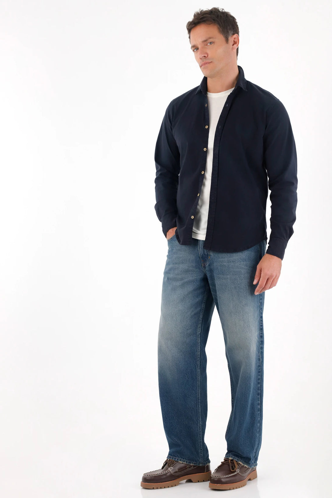 Camisa manga larga clásica azul para hombre