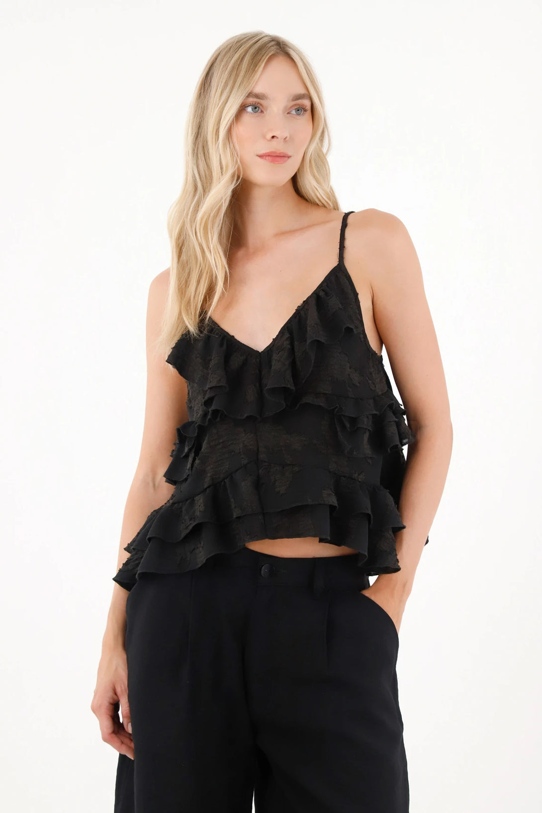 Embroidered Fabric Shirt with Ruffles in Black for Women