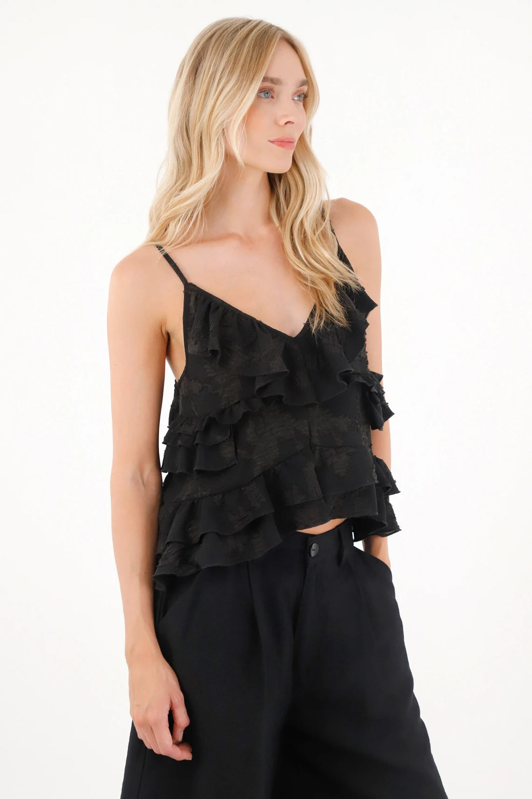 Embroidered Fabric Shirt with Ruffles in Black for Women